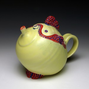 Rebecca Lowery, Red Crested Yellow Teapot, 2014, 5" x 6" x 3.5", cone 6 stoneware with underglaze and glaze